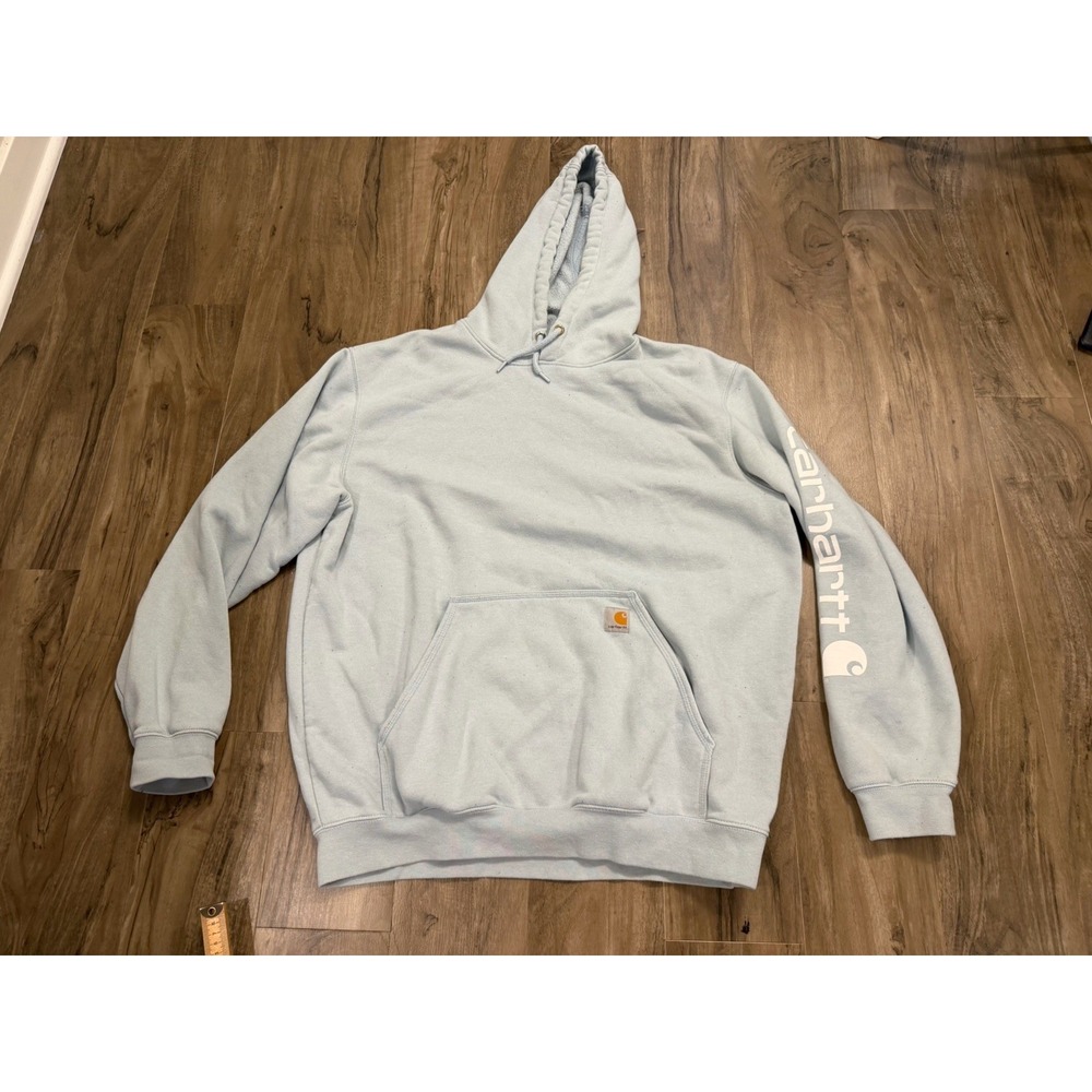 Carhartt Loose Fit Hoodie XL Light Blue Pullover Logo Pocket Workwear. K288H13